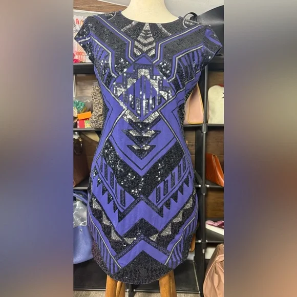 Express Blue and Black Sequin Mini Dress - Picture 2 of 5
